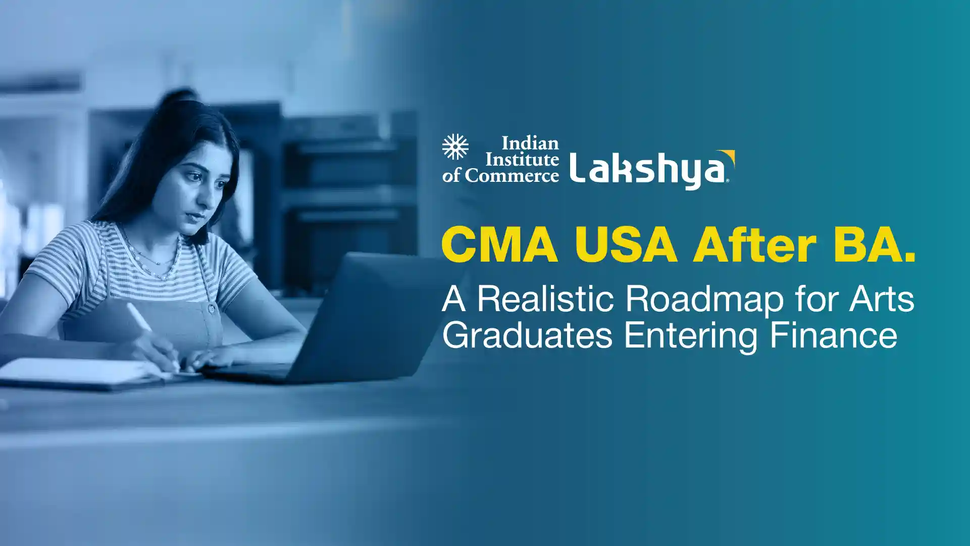Arts graduate planning a CMA USA study roadmap with exam notes and a laptop