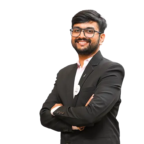 Smiling happy indian student with backpack pointing his finger wall